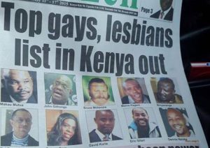 Capa do jornal queniano The Nation, de 11 de maio de 2018, expondo gays de destaque, a fim de suscitar perseguições contra os LGBT