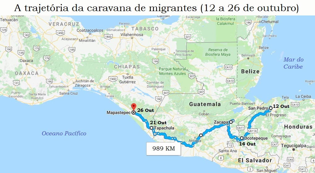 Trajetória da caravana de migrantes