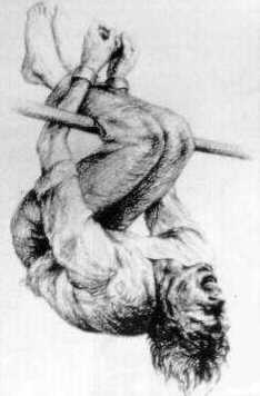 Método de tortura conhecido como "pau de arara". Amplamente usado nas delegacias brasileiras pelo menos até a década de 1990