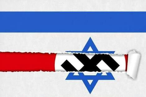 Imagem frequente do discurso antissemita atual: o estandarte nazista surge atrás da bandeira de Israel