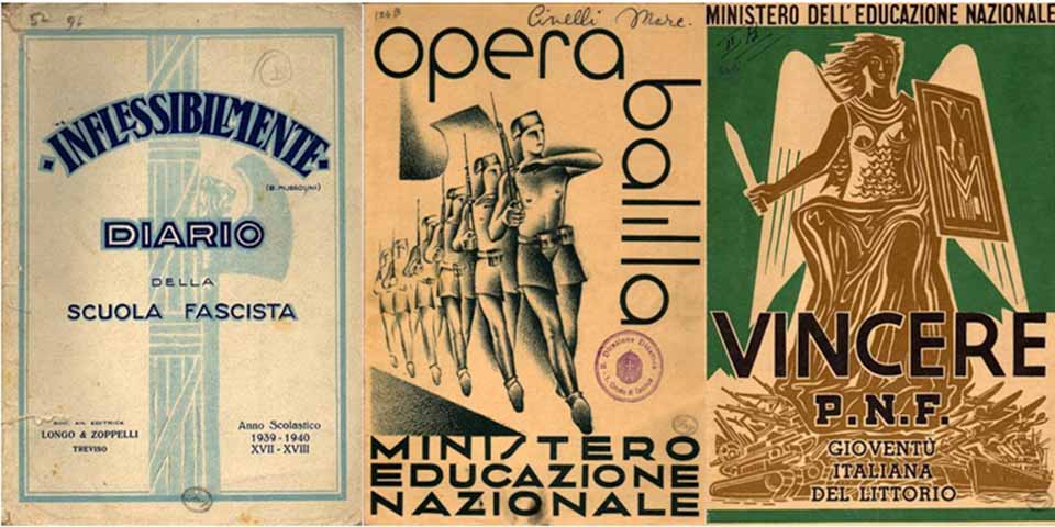 Três cartazes de propaganda da escola fascista na Itália de Benito Mussolini. As crianças deviam aprender a celebrar o Estado totalitário