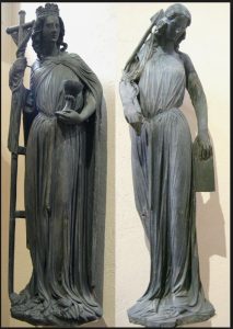 Catedral de Estrasburgo, seculo XIII. As imagens da Igreja, altiva e portadora da cruz, e da Sinagoga, vendada e cabisbaixa, eram alegorias comuns nas catedrais góticas.