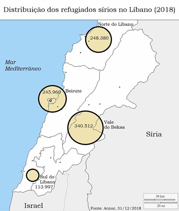 Mais de um terço dos refugiados sírios no Líbano vivem no Vale do Bekaa, no oriente do país, limitado pela cadeia montanhosa do Anti-Líbano, que demarca a fronteira com a Síria. Fonte: ACNUR