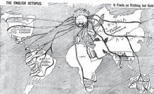 Representação do poder financeiro da família Rothschild no final do século XIX. A imagem dos tentáculos de polvo que abraçam e estrangulam serão recorrentes na iconografia antissemita contemporânea. Esse imaginário culminará no holocausto.