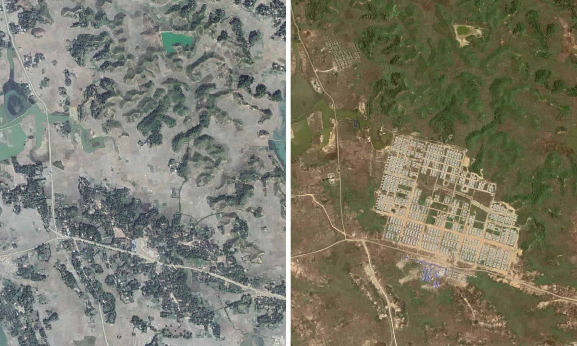 A foto da esquerda mostra a área antes ocupada pela aldeia de Hla Pho Khaung. A segunda foto, de 2019, mostra a construção do campo de trânsito de Hla Pho Khaung, que servirá provavelmente para abrigar os retornados