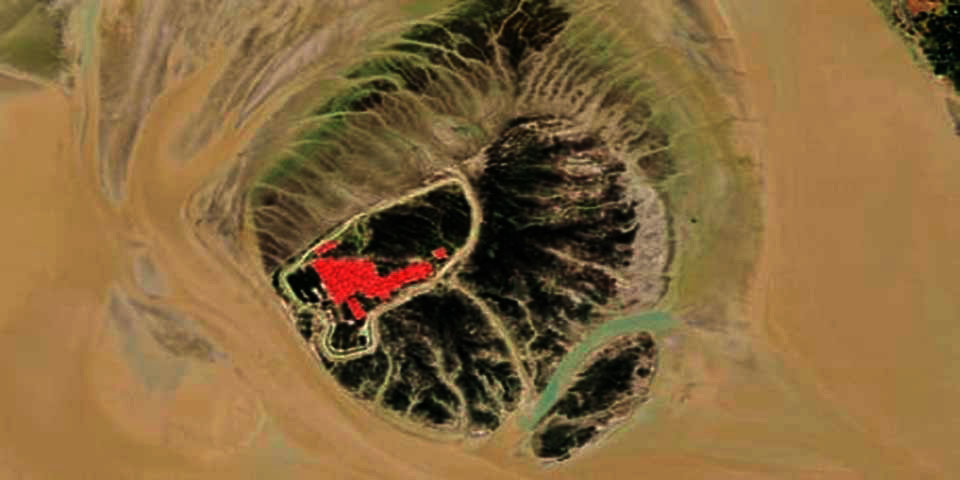 A ilha de Bashan Char e a área onde foram construídos os abrigos