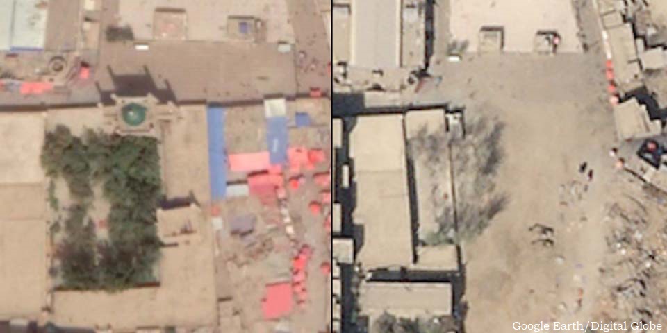 Imagens de satélite de setembro de 2018 e abril de 2019 mostram a demolição de uma mesquita em Kargilik, no sudoeste do Xinjiang