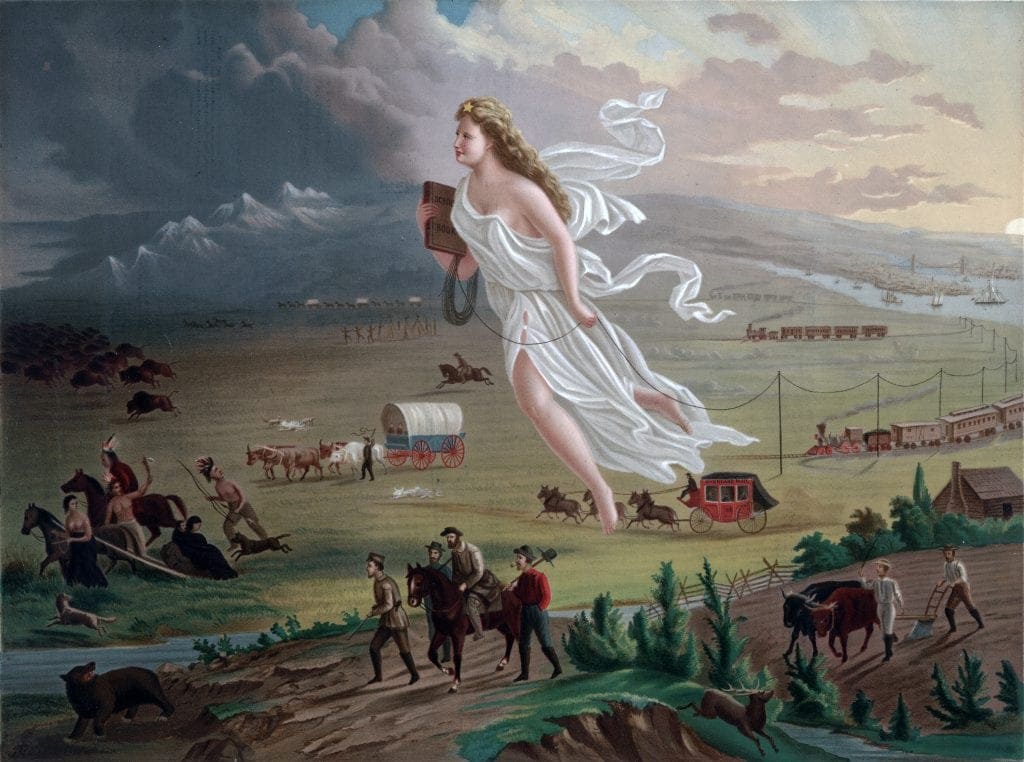 Representação clássica do Destino Manifesto. Certamente essa imagem sintetiza os mitos nativistas do oeste que é também a liberdade. Pintura de John Gast.