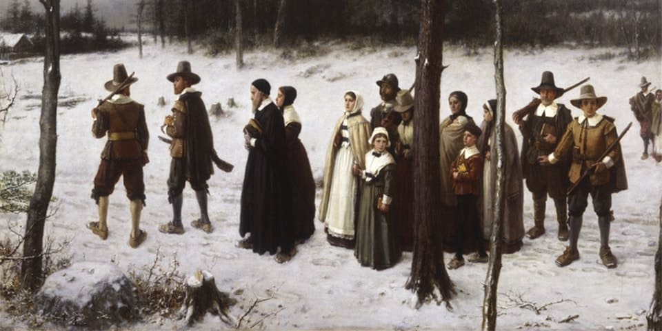 A imagem dos w.a.s.p.(s), na pintura de George Henry Boughton . A comunidade se dirige ao culto. As armas são um elemento fundamental da imagem.