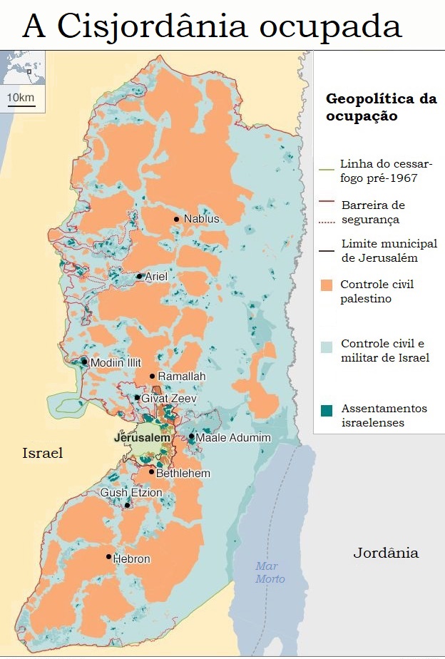 Mapa da Cisjordânia ocupada